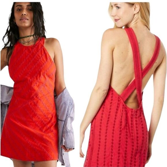 Free People Dresses & Skirts - NWT Free People Juni Mini Dress Red Embroidered Cross Back  Size M